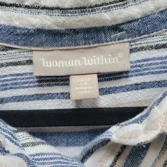 Woman Within Linen Belnd 3/4 Skeeve Striped Button Down Plus Size 2X - Picture 2 of 3